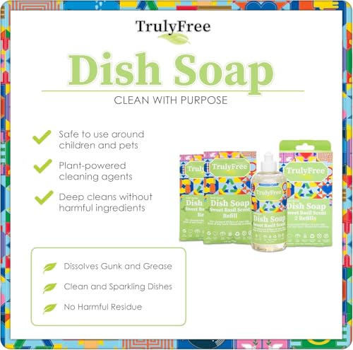 Image of Truly Free Non Toxic Dish Soap | Natural Concentrated Dishwashing Liquid - Sweet Basil Scent | Non Toxic Organic Plant-Based Dish Soap | Family Safe - Eco-Friendly Formula | 16 fl oz