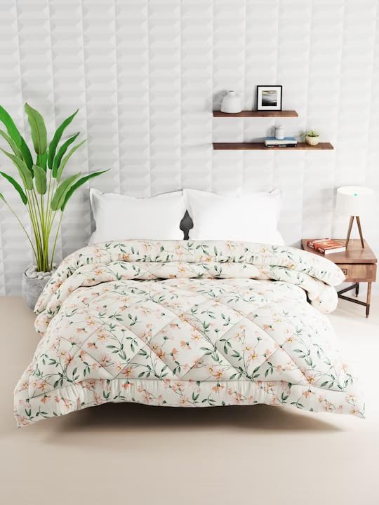 Image of DECOMIZER Super Soft Glace Cotton King Size AC Comforter II Blanket II Duvet for Double Bed with 1 Flat Bedsheet and 2 Pillow Cover - 4 Piece Comforter Set - Cream Floral-300 TC