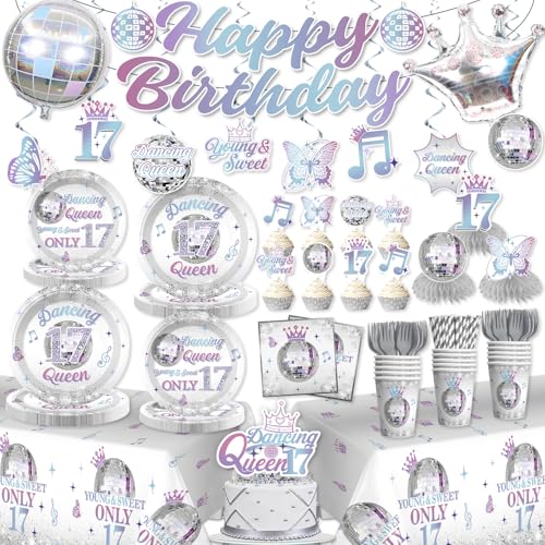 191 Pcs 17th Birthday Decorations for Girls Dancing Queen Party Decorations Serves 25 - Banner Tableware Tablecloth Cake Toppers Foil Balloons - Silver 17 Birthday Decorations for Girls