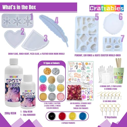 Image of Craftables DIY Resin Art kit with Moulds for Beginners & Adults | 200g Clear Casting Resin, 7 Silicone Moulds, 11 Colours Jewellery Accessories & Tools | Complete All-in-One Craft Set