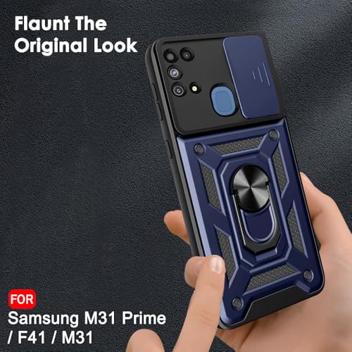 Image of TheGiftKart Tough Armor Bumper Back Cover Case for Samsung Galaxy M31 / F41 / M31 Prime | Ring Holder & Kickstand in-Built | 360 Degree Protection Back Case (PC & TPU, Sliding Camera Cover, Blue)