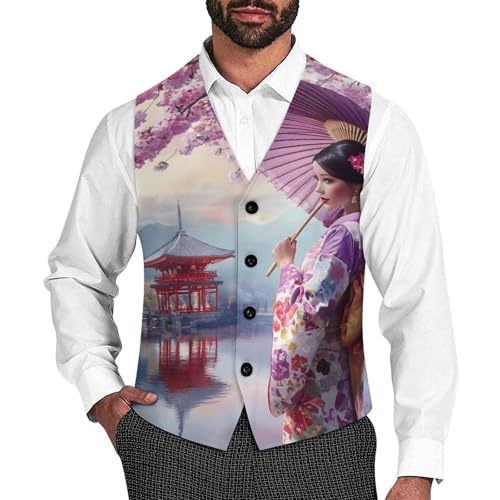 Japanese Kimono Beauty Geisha Men's Suit Vests Business Formal Dress Vest V-Neck Waistcoat for Wedding Casual
