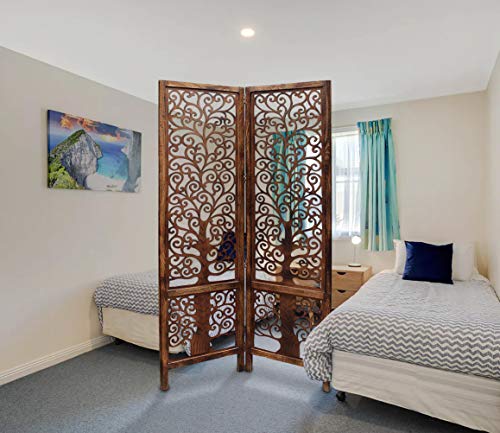 Image of Artesia Wooden Handcrafted 2 Panel Room Divider Without Stand Partition for Living Room | Foldable Privacy Screen with Tree of Life Carved Design | Decorative Partition Wall Panel for Home, Bedroom