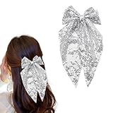 Glitter Hair Bows Big Hair Bow Clips for Girls Women Sequin Bow Hair Clip French Barrette Hair Bows Sparkly Hair Accessories for Women Silver Glitter Hair Bow Alligator Clips