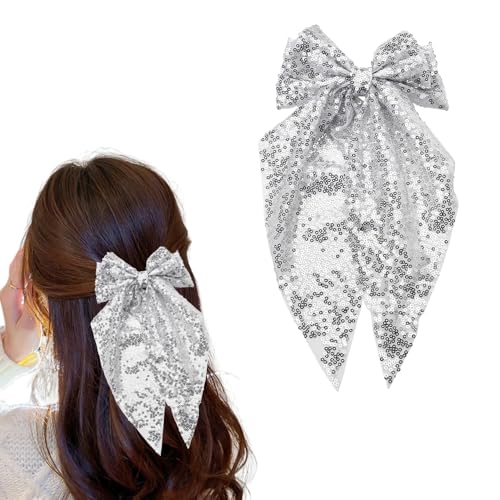 Glitter Hair Bows Big Hair Bow Clips for Girls Women Sequin Bow Hair Clip French Barrette Hair Bows Sparkly Hair Accessories for Women Silver Glitter Hair Bow Alligator Clips