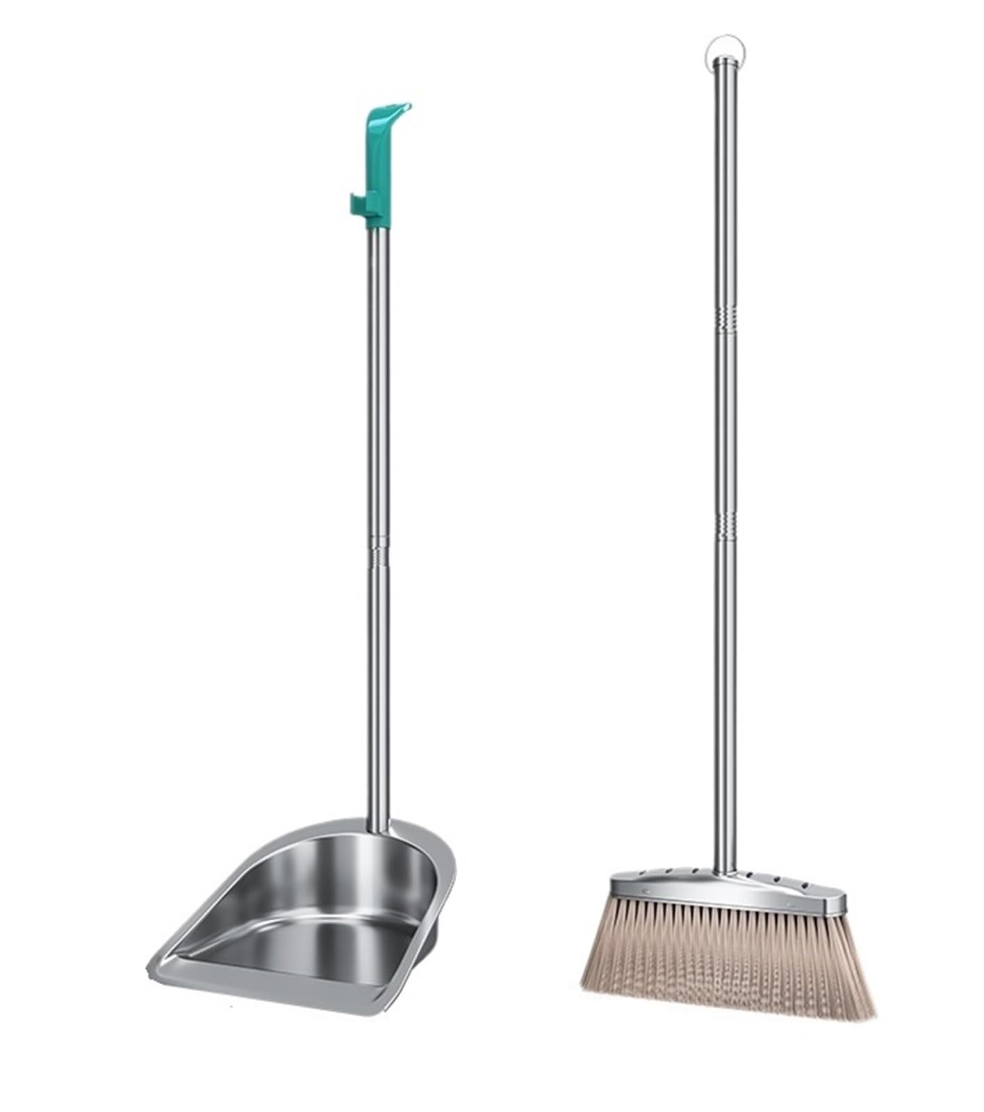 Stainless Steel Broom Set Thickened Single Dustpan Outdoor Indoor Commercial Use Household Cleaning Tool Sweeper Brush(Round dustpan+broom)