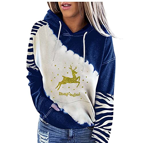 Sudadera de manga larga para mujer con cuello en O, manga larga, estampado navideño, camiseta de neón, marine, S