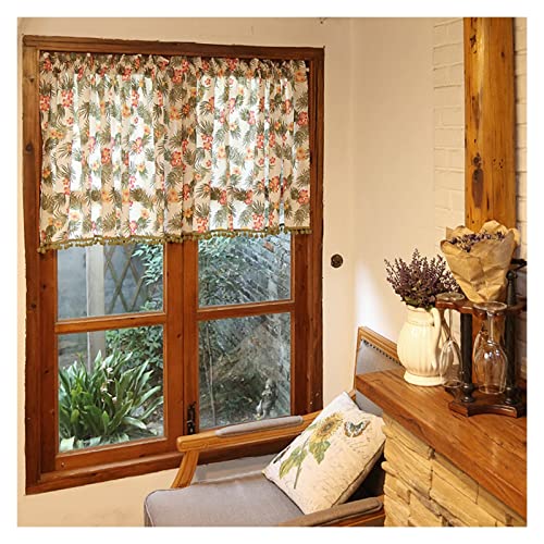 Scheibengardine Kurzer Vorhang, Pflanzenmuster Halb Verdunkelung Polyester-Baumwollmischung Fransen halber Fenstervorhang,Bistrogardine für Café Schlafzimmer Küche Cover