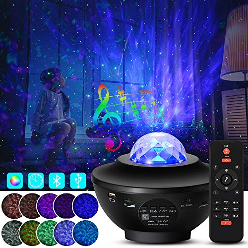 Preisvergleich Produktbild LED Sternenlicht Projektor Sternenhimmel Lampe, Rotierende Wasserwellen Projektionslampe Bluetooth Musik Baby Sterne Lampe für Kinder Erwachsene Halloween Weihnachten Zimmer Dekoration