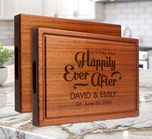 Straga Handmade XL Chopping Block Personalized Fairytale Romance Design #014-Wedding Gift for Couples-Newlyweds-Custom Engraved Present for Wife-Husband-Made in America