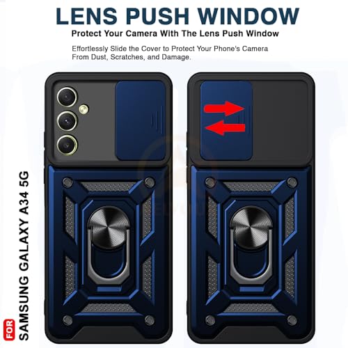 Image of Armor Bumper Back Cover Case for Samsung A34 5G Rotating Camera Cover, Ring Holder & Kickstand | Heavy Duty & 360 Degree Protection Samsung A34 5G Back Cover (Blue)
