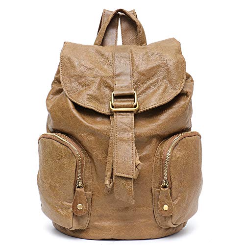 Preisvergleich Produktbild Stepheecath Damen Rucksack aus italienischem Rindsleder, mit Kordelzug, luxuriös, echtes Wachs, Ölleder, Vordertaschen 9.8"w x 13.8"h x 5.1"d + 8.7"to16.5" adjust straps senffarben
