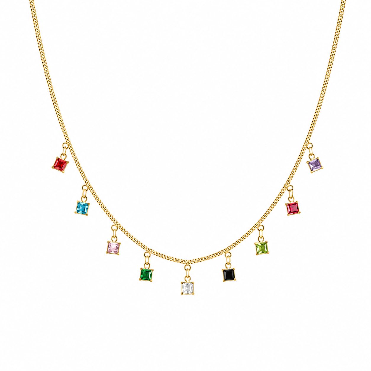 Multicolor Crystal Charm Necklace for Women, Gold Plated Dainty Chain, Colorful Square Stone Drops, Trendy Statement Jewellery-image-17