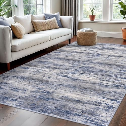 KOZYFLY Washable Area Rug 5x7 Modern Ombre Living Room Thin Area Rug Non-Slip Soft Striped Rug for Bedroom, Print Distressed Grey-Blue Abstract Carpet for Laundry Kid Room