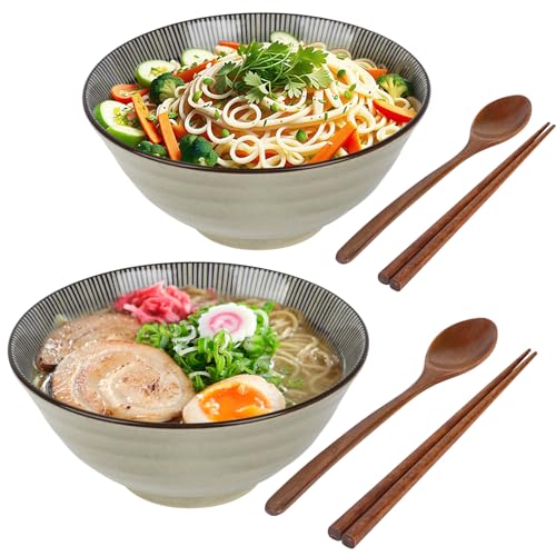 2er Set Ramenschüssel aus Keramik - Japanische Nudelschüsseln mit Stäbchen & Löffel für Ramen Suppe Pasta Obstsalat Reiskost - 1100 ml, 20cm groß - Einweihungsgeschenke für das neue Zuhause