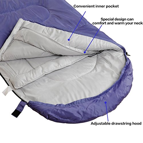 Envelope Sleeping Bag - 4 Seasons Warm Cold Weather Lightweight, Portable, Waterproof Compression Sack for Adults & Kids - Indoor & Outdoor Activities: Traveling, Camping, Backpacking, Hiking, Purple - Thumbnail 2