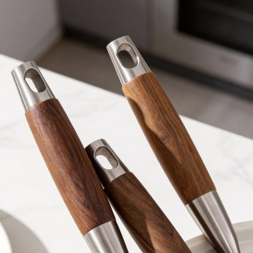 Kochbesteck Set Aus 316L Edelstahl Mit Holzgriff, Hitzebeständiges Küchenhelfer Set Mit Pfannenwender, Löffel Und Fischwender, Ergonomisch Und Leicht Zu Reinigen Für Tägliches Kochen