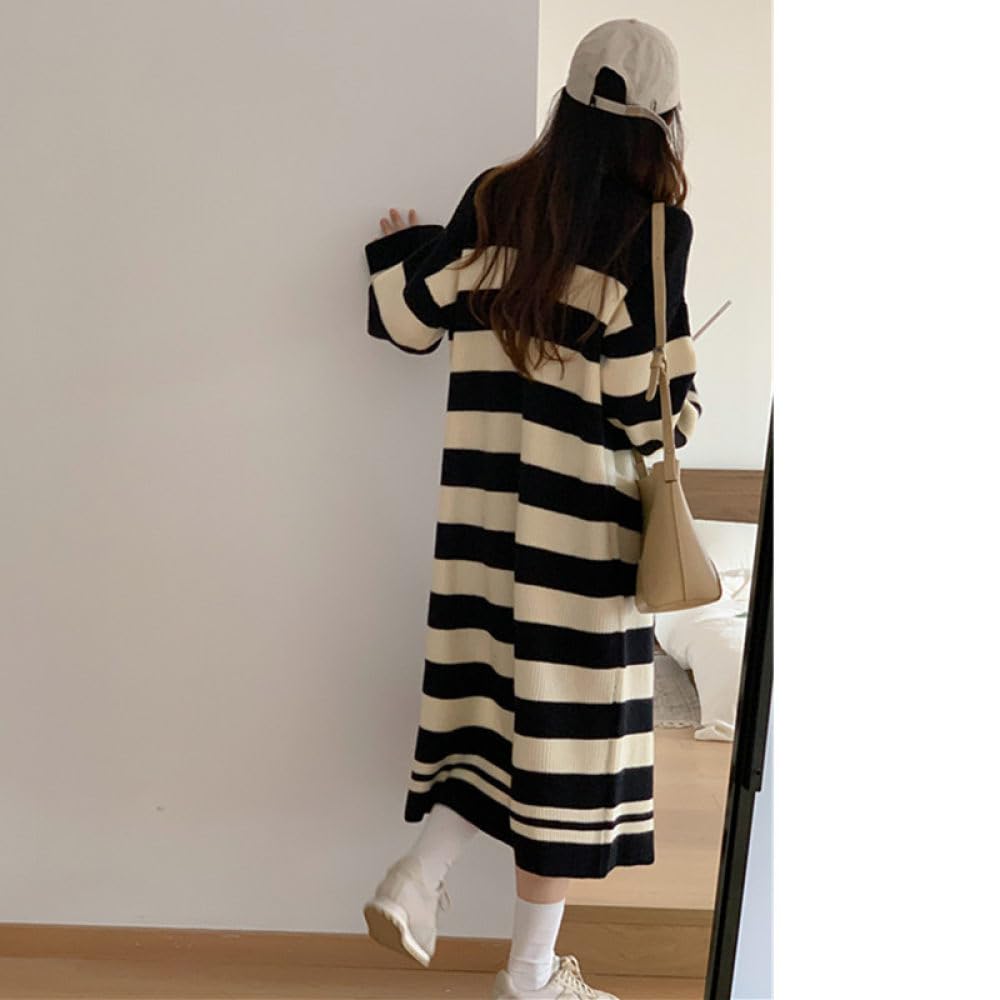 Cárdigan Largo para Mujer, Cárdigan Largo de Punto con Rayas Vintage, Botones Delanteros Abiertos, Cuello En V, Suéter, Abrigo, Chaqueta de Punto Holgada Y Cálida para Otoño E Invierno.