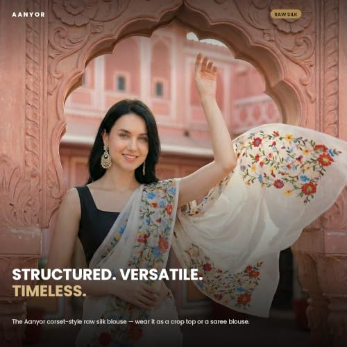 Image of Women's Corset-Style Raw Silk Crop Top | Structured Sleeveless Blouse with Built-in Padding & Back-Open Closure | Doubles as Western Top & Saree Blouse