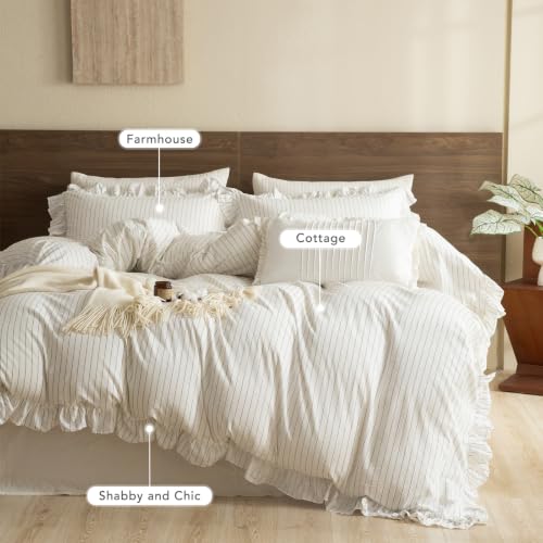 Image of QSH White Dark Grey Wide Stripes Ruffled Duvet Cover Set King Size,3PCs Washed Cotton Farmhouse Striped Ruffle Bedding Quilt Cover Ultra Soft Breathable Comforter Cover Set King with Pillow Shams
