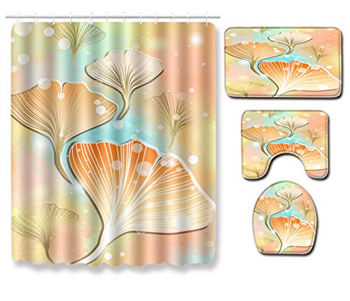 JZZCIDGa Ginkgo Biloba Badematte Set 4-Teilige Badematte U-Förmige Konturmatte Duschvorhang Toilettensitzbezug Badematte…