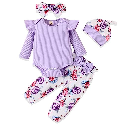 Image of LUNFEGO Newborn Baby Girl Clothes Outfits Infant Girl Clothes Sets Ruffle Romper + Pants + Headband + Hat 0-3 Months 4 in 1 - Purple