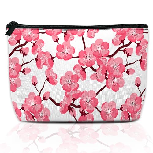 Cherry Blossom Makeup Bag for Purse, Waterproof Funny Japanese Pink Sakura Cosmetic Bag for Women, Zipper Travel Pouch Gift 9.5ร5.9 Inch