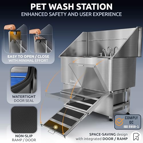 Image of KANIS Professional Dog Washing Station 304 Stainless Steel Pet Wash Sink & Grooming Bathtub w /Shower, Floor Grates and Storage for Large, Medium & Small Pets (Silver, 50 Inches, Right Ramp, 2 Drawers)