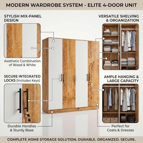 Image of FFO Tokyo 4 Door Wooden Wardrobe for Bedroom with Hanging Rod, Shelves & Lock | Modern Clothes Storage Almirah /Cabinet with White & Coach Wood | Wardrobe Organizer for Clothes, Dresses DIY.