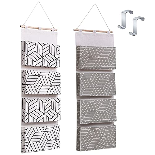 Sac de Rangement Suspendu 2 Pièces Organisateur Suspendu sur Porte Tissu de Lin Pochette de Rangement avec 4 Compartiment et Crochets pour Chambre Bureau Salle de Bain