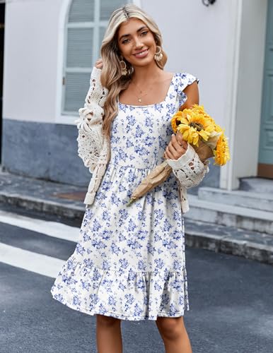 Zeagoo Womens Summer Dress Casual Ruffle Tiered Floral Square Neck Sundresses Beach Boho Mini A-line Dress 2025 with Pockets3