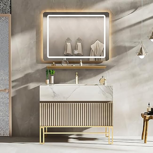 Bathroom Vanity - Simple Bathroom Vanity with Sink, Modern Bathroom Vanities Set Includes Smart Led Fog Removal Lights & Mirror Side Cabinet (36)
