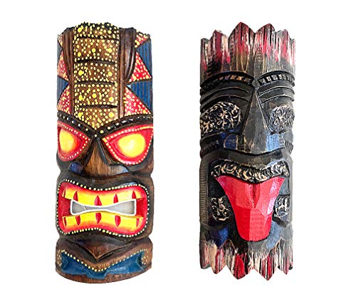 OMA Set Of (2) Wood Carved Tiki Masks Tropical Hawaiian Beach Surf Decor - Size 12