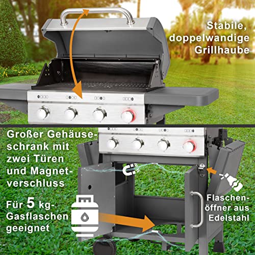 Foto von ProfiCook® Gasgrill 4-Brenner inkl. 800°C Infrarot-Keramikbrenner + 450°C Hochleistungsbrenner, Grillrost aus Gusseisen, Flaschenöffner, Grill mit Ablage, 5kg-Gasflasche - PC-GG 1258