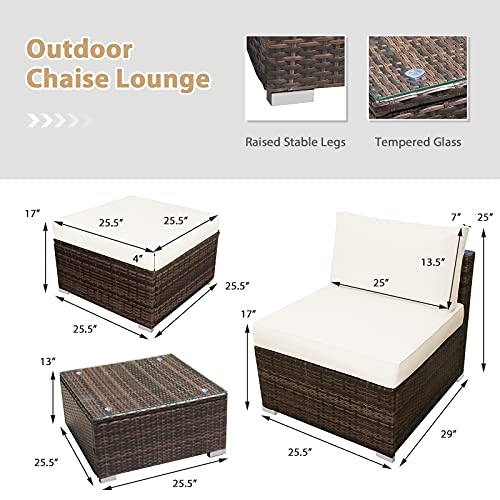 Tangkula 5 Piece Wicker Lounge Chair Set, with Tempered Glass Coffee Table, Outdoor Conversation Sets w/Washable Zippered Cushions, Includes 2 Armless Sofas, 2 Ottomans and 1 Side Table