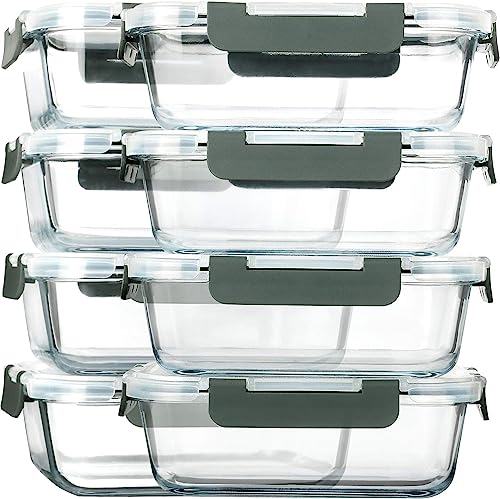 U Chef Set de 8 Recipientes de Vidrio Herméticos, Refractarios de Vidrio con Tapa, Contenedores Herméticos para Alimentos, Aptos para Microondas, Horno, Congelador y...