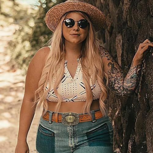 Image of SANSTHS Western Cowboy Belts for Men Women, Mens Western Belt Bull Buckle Country Belt Cowboy Leather Belt for Jeans