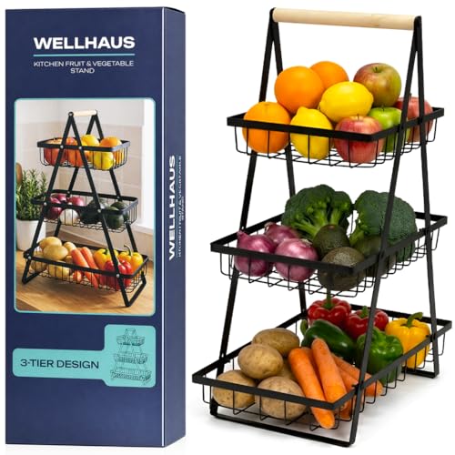 WELLHAUS Présentoir à fruits à 3 étages - Panier de rangement pour plan de travail de cuisine, panier à fruits et légumes - 3 étages - Rangement de...
