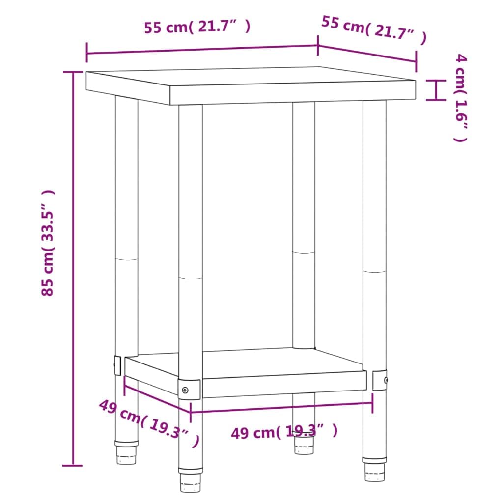 Mesa de trabajo de cocina de acero inoxidable 55 x 55 x 85 cm con estante, patas ajustables, suministros de gastronomía para restaurante, hotel, aperitivo, cocina grande, catering, bistro, pizzería