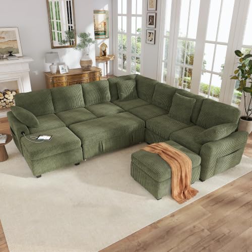Image of Hanherry 106 inch Sectional Sofa with Pull Out Couch Bed,7 Seat Corduroy Sleeper Sofa with 2 Seat Storage & USB Charging,Storage Ottoman,Comfy Modular Couches for Living Room,Apartment