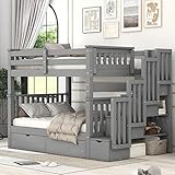 Harper & Bright Designs Full Over Full Bunk Bed with Stairs, Wooden Bunk Bed with Storage Drawers, for Kids Teens Adults - Gray
