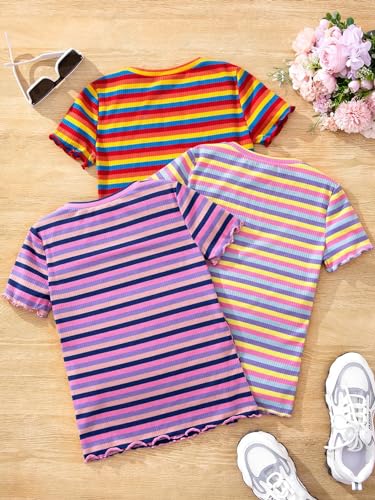 Floerns Girl's 3 Pack Striped Ribbed Knit T Shirt Crew Neck Short Sleeve Lettuce Trim Tee2