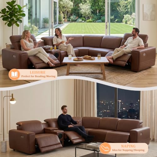 Image of Power Recliner Sectional Sofa, L-Shaped Living Room Furniture Set, Reclining Sectional Couch with Storage Console /Cup Holder for Living Room /House /Apt (Brown, 5 Seater)