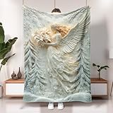 Winter Floral Angel Throw Blanket, Soft Blue Holiday Decor Cozy Blanket for Sofa, Bed, All Season, Elegant Christmas Design, Perfect Choice 50x60 Inch