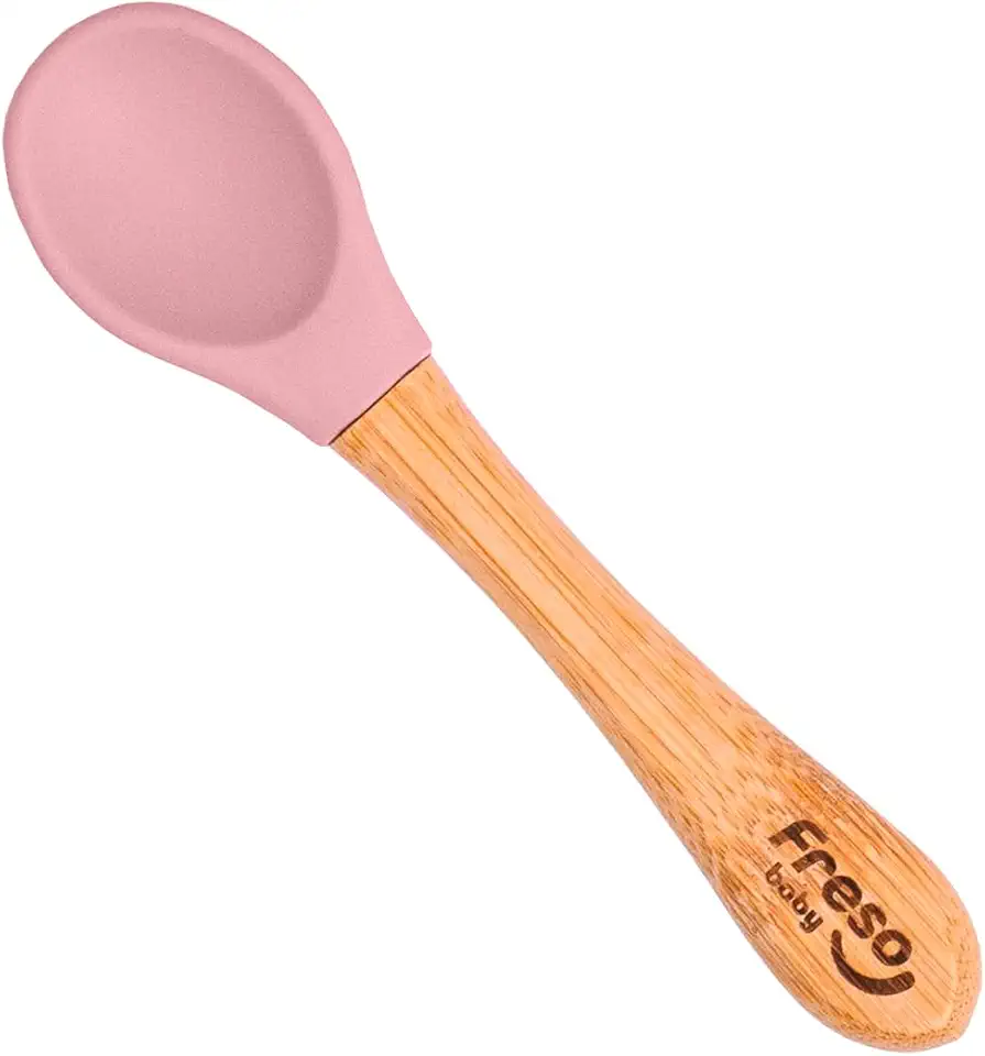 Freso Baby Colher Alimentação de Bebê Silicone Livre BPA Atóxico e Bambu Biodegradável Introdução Alimentar BLW Talher Infantil Treinamento, cor Rosa