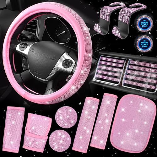 CAR PASS Bling Pink Car Accessories Set for Women, Sparkly Rhinestone Diamond Steering Wheel Cover Seat Belt Cushion Glitter Shift Knob Cover Car Cup Holder Coaster Cute Interior Sets, Pink 22 PCS