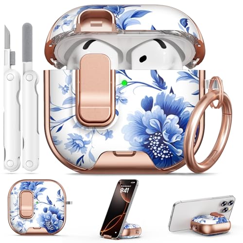 Image of for AirPod 4 Case, with Safty Lock & Phone Stand for Floral AirPod 4 Generation Case Cover for Women Girly, iPod 4 Cases with Keychain & Cleaner Kit -Blue +White Porcelain