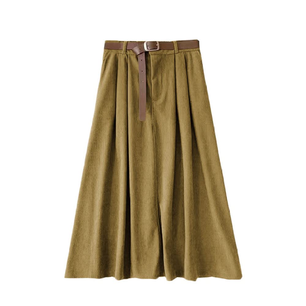 Spódnice dla kobiet Wielka Brytania, eleganckie sztruksowe czarne zimowe spódnice dla kobiet Elastyczna talia Midi z paskiem Damskie spódnice z wysokim stanem L(Ginger Yellow One Size)