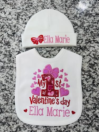 First Valentine's Day Baby Girl Bib with Matching Hat Personalized with Custom Name (Baby Gift Set)2