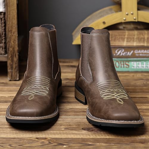 Image of Santimon Men's Square Toe Chelsea Boots, Ankle High, Slip-On, Anti-Slip Dress Casual Outdoor Boots